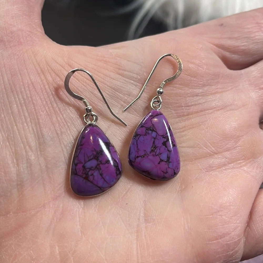 Sterling silver purple Turquoise Earrings 925 - Picture 6 of 9